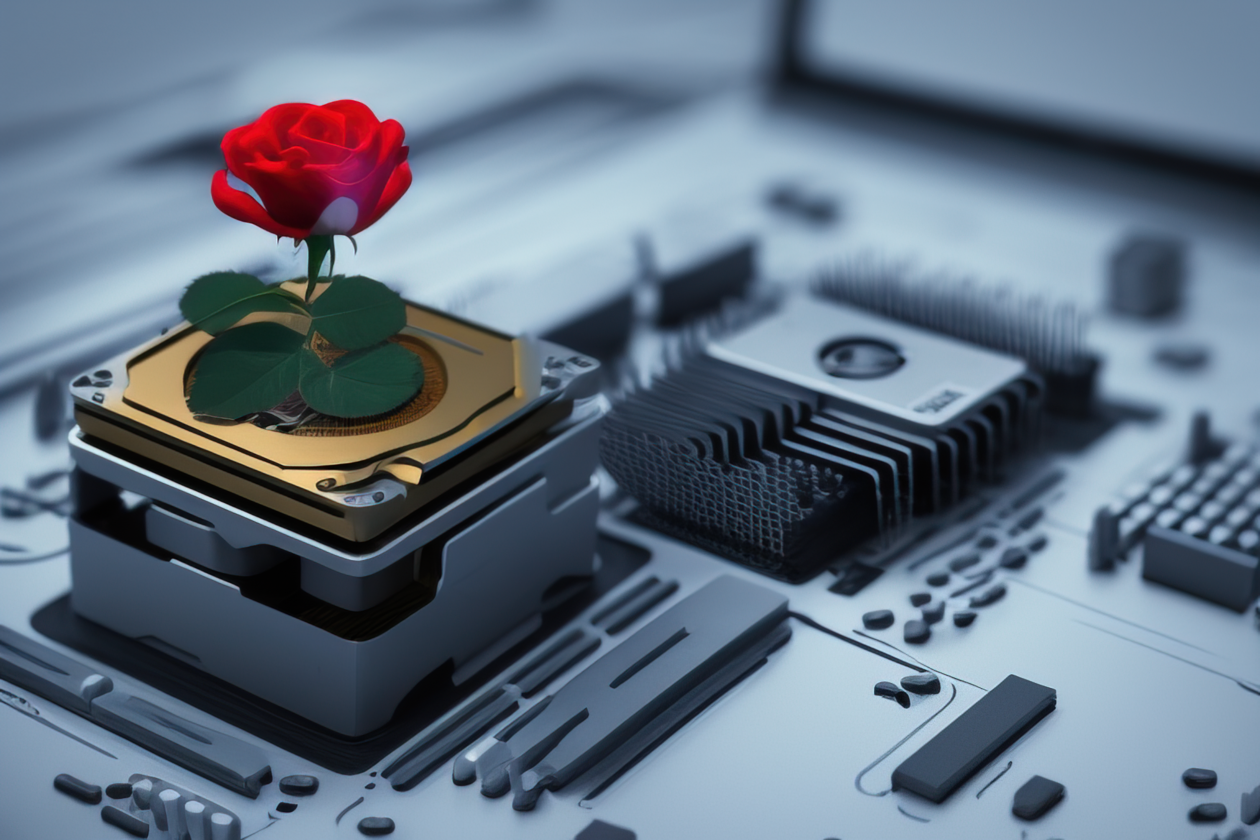 generated image of a computer with a single blooming rose growing out